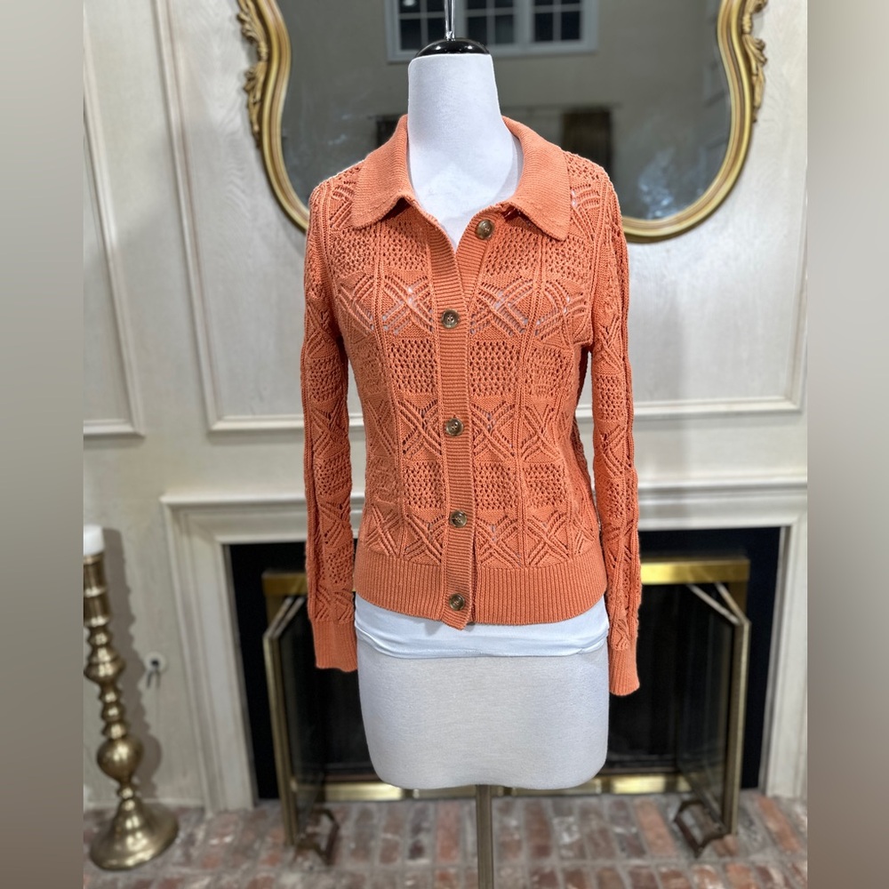 Rachel Zoe Crochet‎ Knit Button Cardigan Sweater Medium Orange Collared Retro